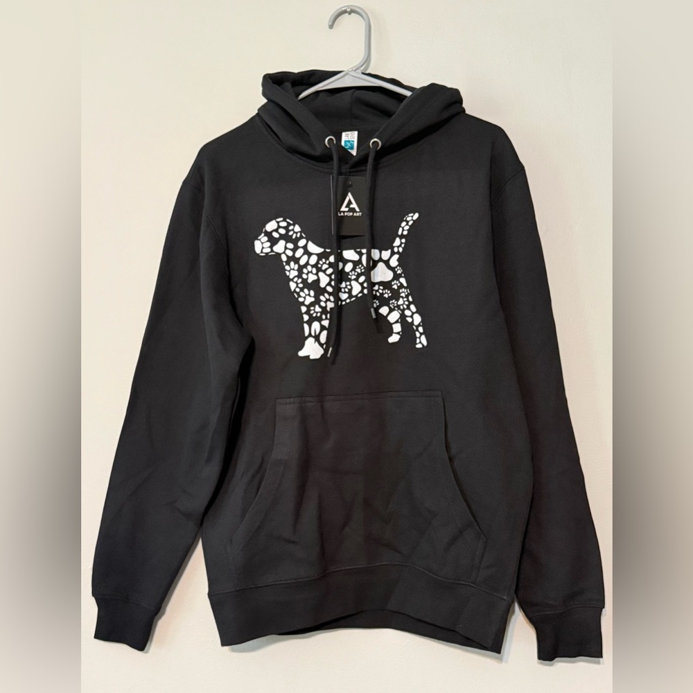 LA Pop Art Black Hoodie with White Dog Graphic